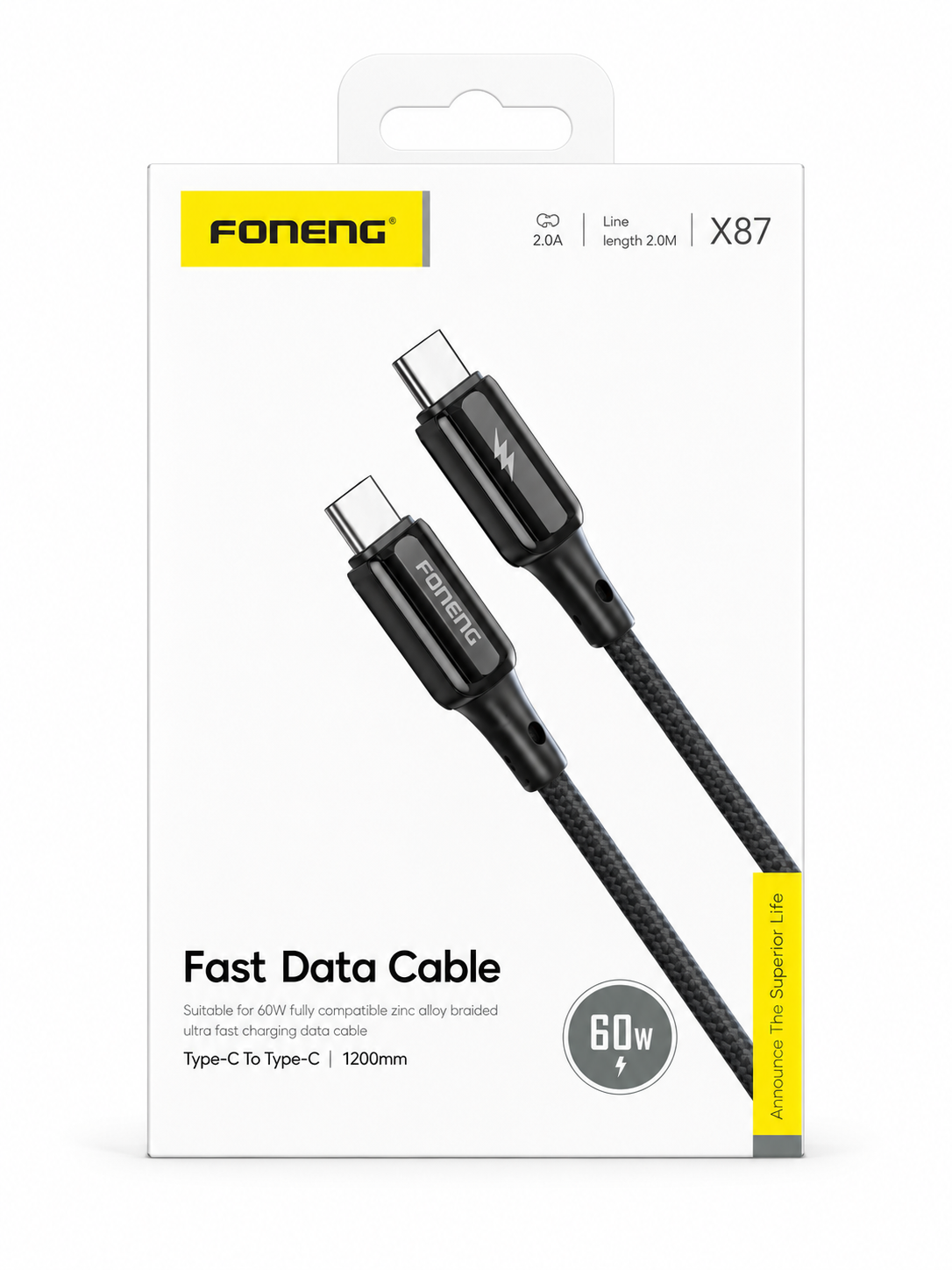 664775f6-ef7d-4972-81d2-afa986b9ff23 FONENG X87 60W Type-C to Type-C Fast Charging Cable – 1.2M - Image 1